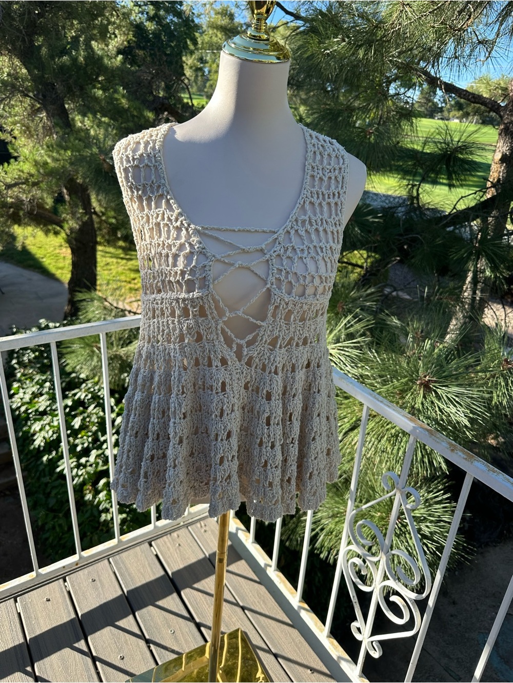 Boho Crochet Lace-Up Sleeveless Tank Top - Cream